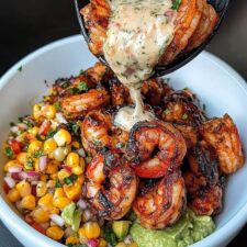 Grilled Shrimp Bowl with Avocado, Corn Salsa &amp; Creamy Sauce-image