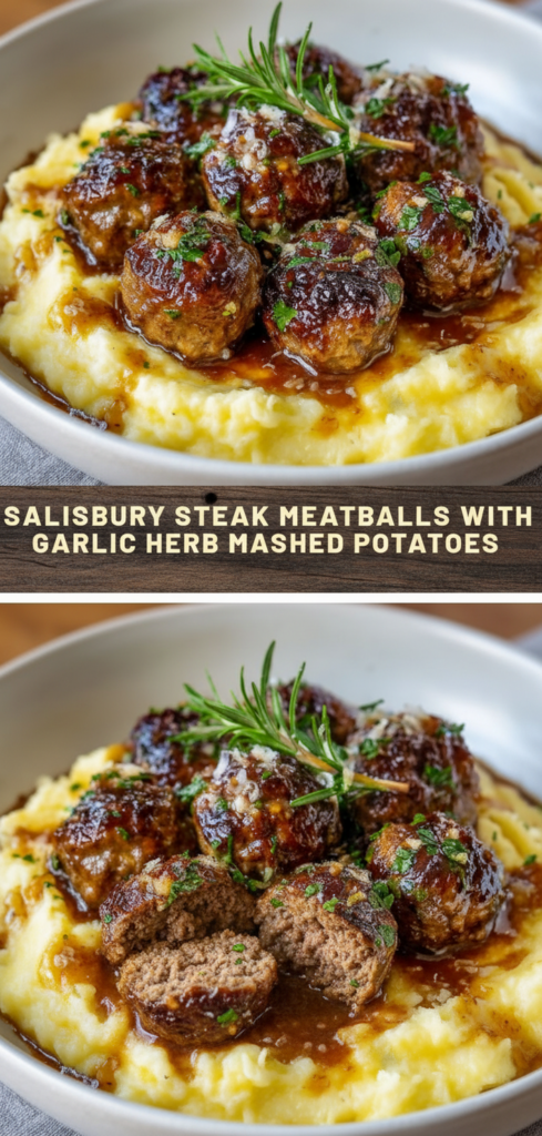 Salisbury Steak Meatballs with Garlic Herb Mashed Potatoes