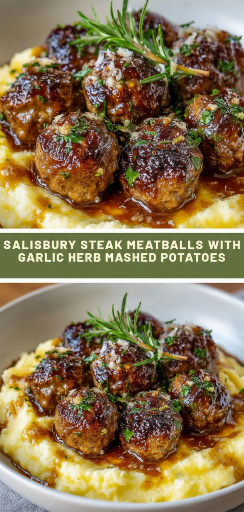 Salisbury Steak Meatballs with Garlic Herb Mashed Potatoes